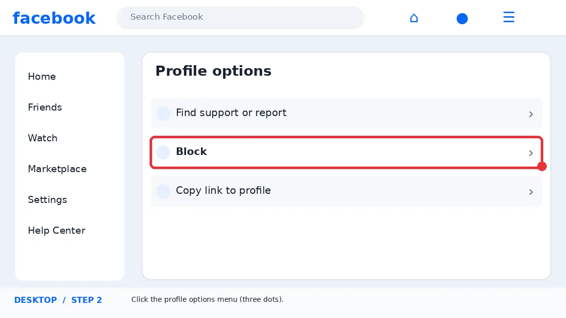 Illustrative Facebook interface for desktop, step 2; actual interface may differ