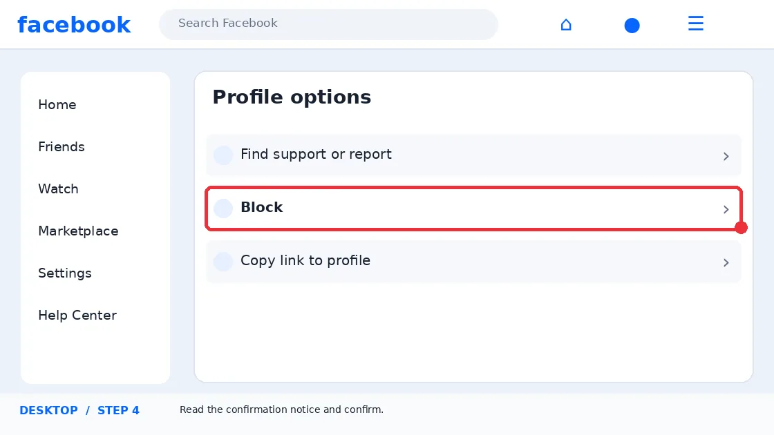 Illustrative Facebook interface for desktop, step 4; actual interface may differ