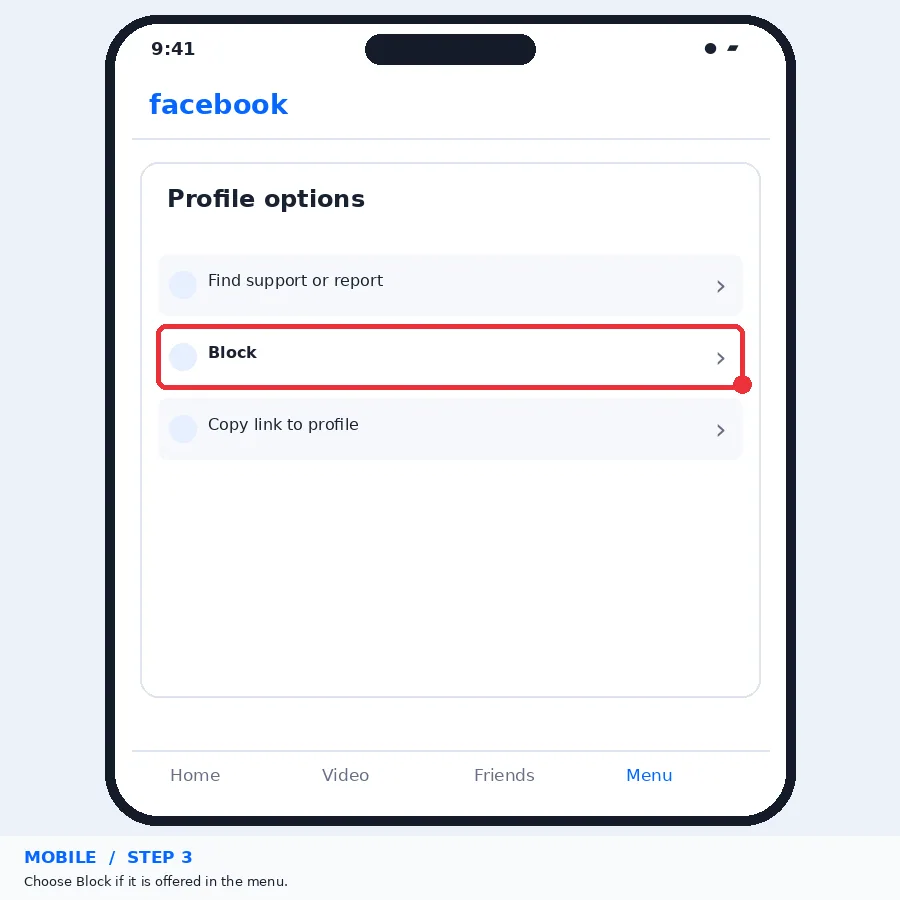 Illustrative Facebook interface for mobile, step 3; actual interface may differ
