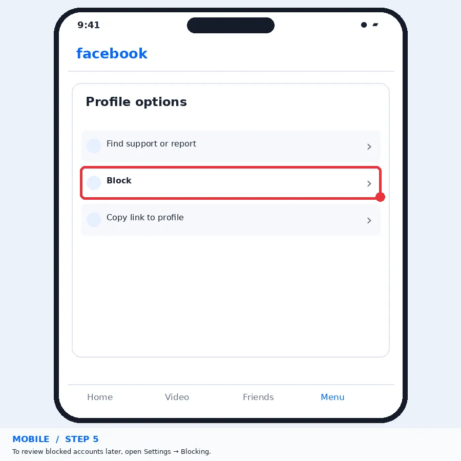 Illustrative Facebook interface for mobile, step 5; actual interface may differ