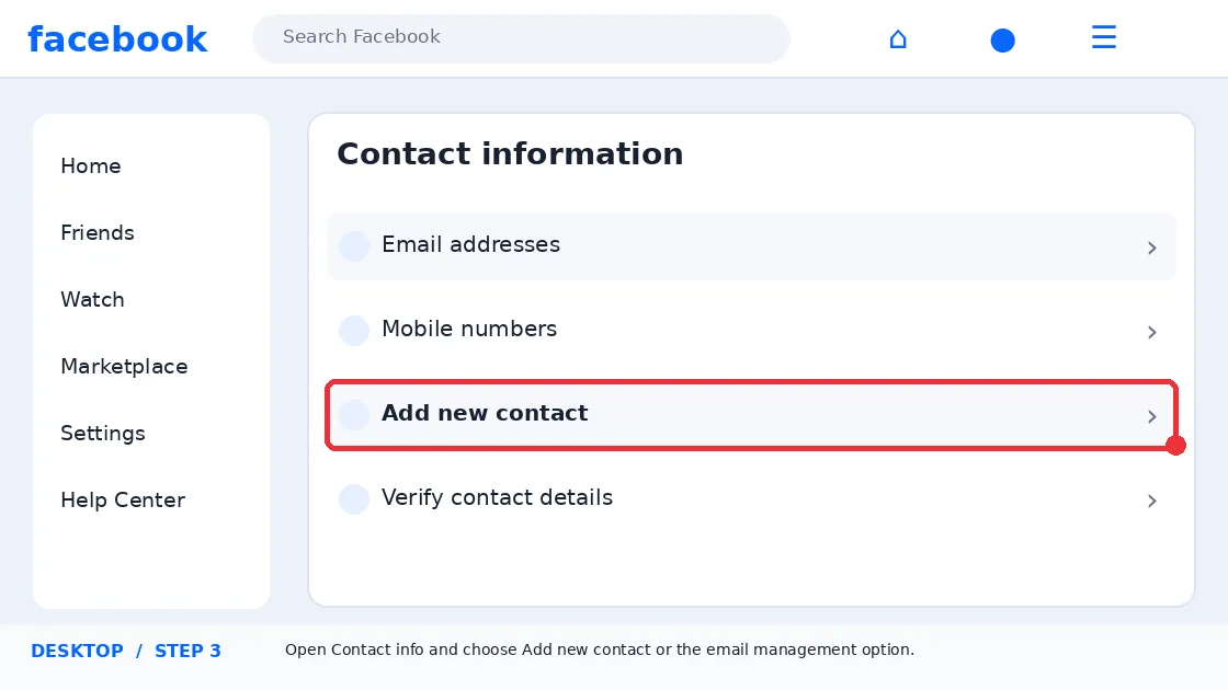 Illustrative Facebook interface for desktop, step 3; actual interface may differ