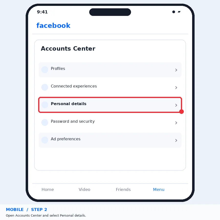 Illustrative Facebook interface for mobile, step 2; actual interface may differ