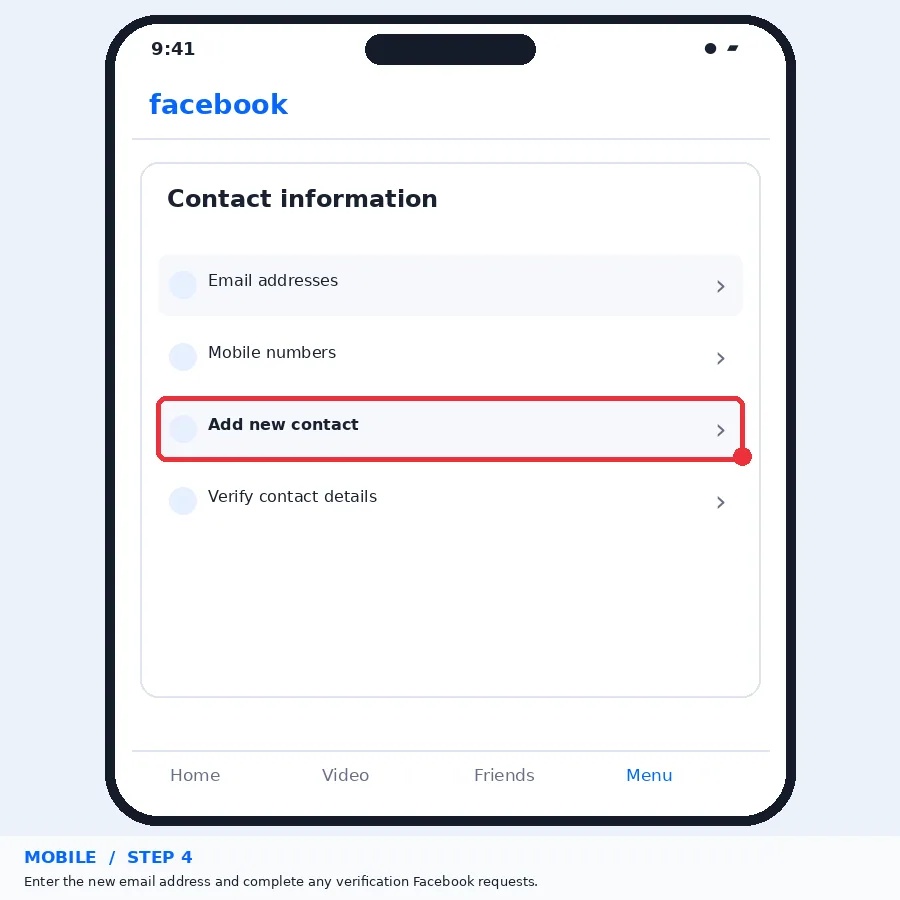 Illustrative Facebook interface for mobile, step 4; actual interface may differ