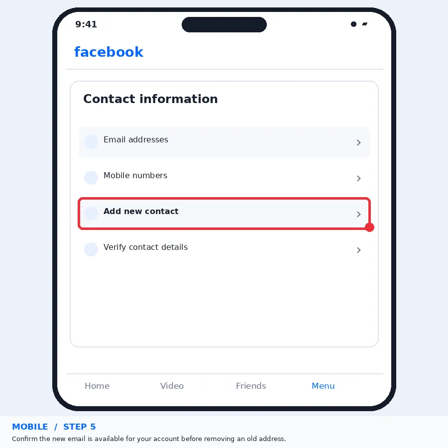 Illustrative Facebook interface for mobile, step 5; actual interface may differ