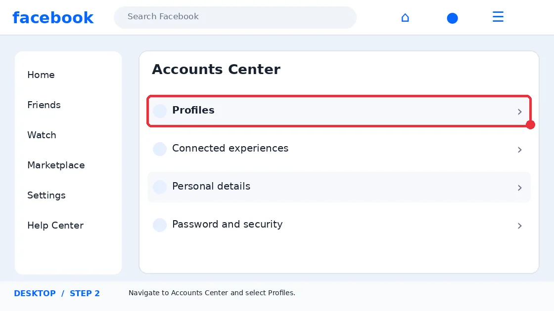 Illustrative Facebook interface for desktop, step 2; actual interface may differ