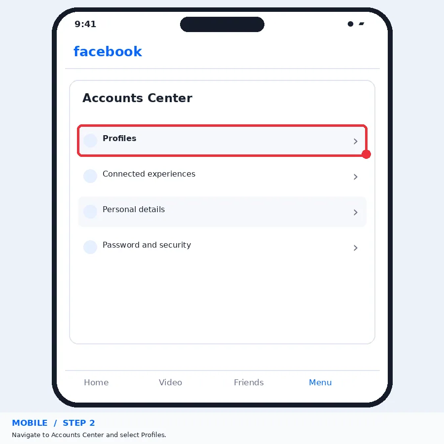 Illustrative Facebook interface for mobile, step 2; actual interface may differ