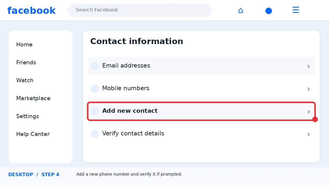 Illustrative Facebook interface for desktop, step 4; actual interface may differ