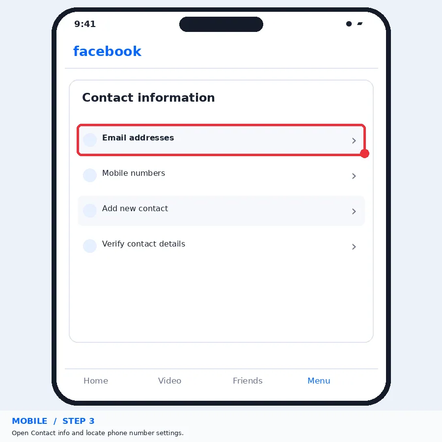 Illustrative Facebook interface for mobile, step 3; actual interface may differ