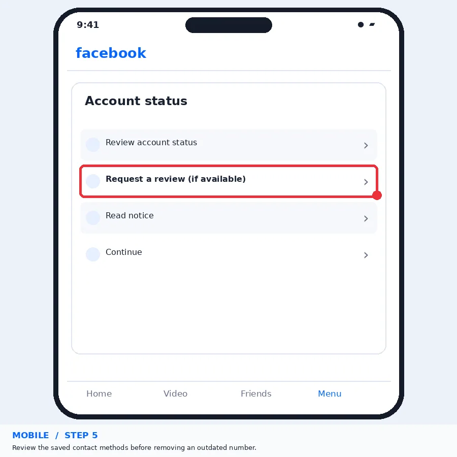Illustrative Facebook interface for mobile, step 5; actual interface may differ