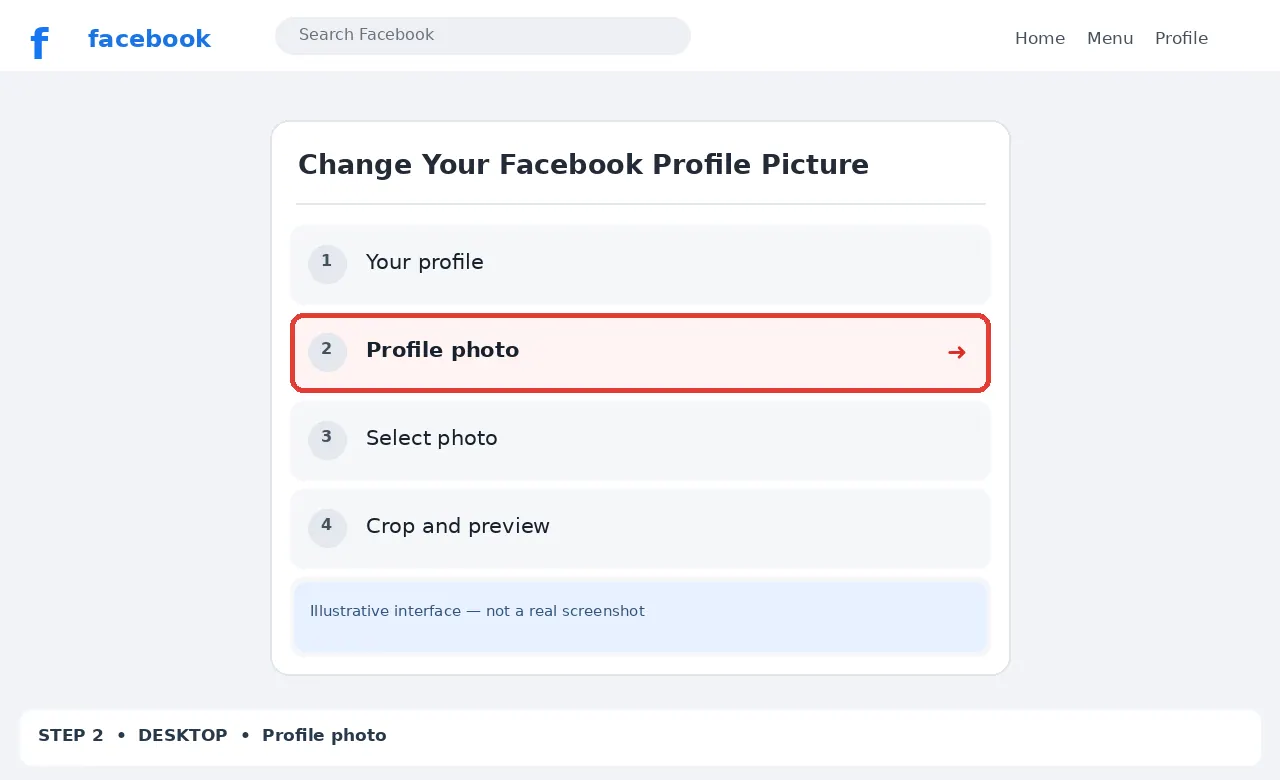 Illustrative Facebook interface for desktop, step 2; actual interface may differ