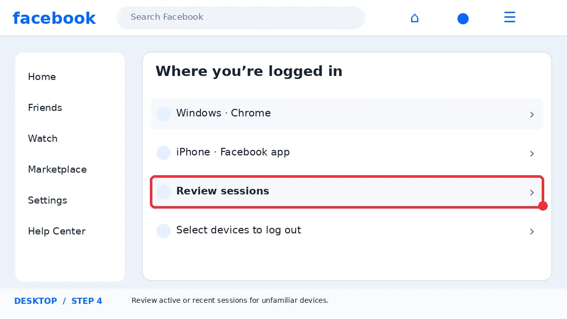 Illustrative Facebook interface for desktop, step 4; actual interface may differ