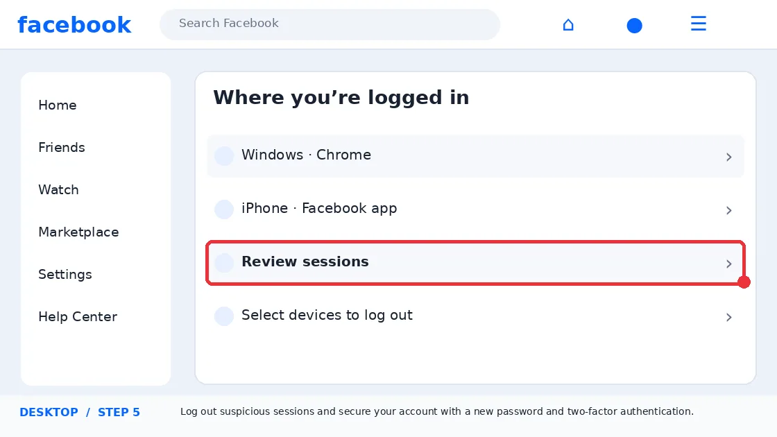 Illustrative Facebook interface for desktop, step 5; actual interface may differ