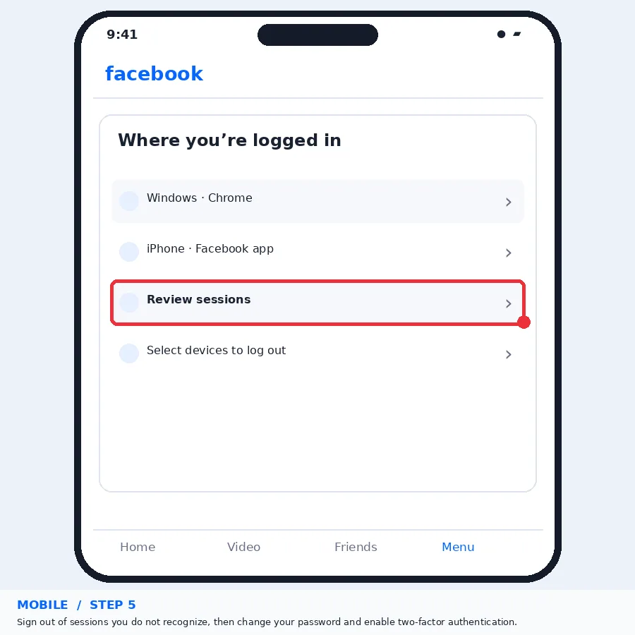 Illustrative Facebook interface for mobile, step 5; actual interface may differ