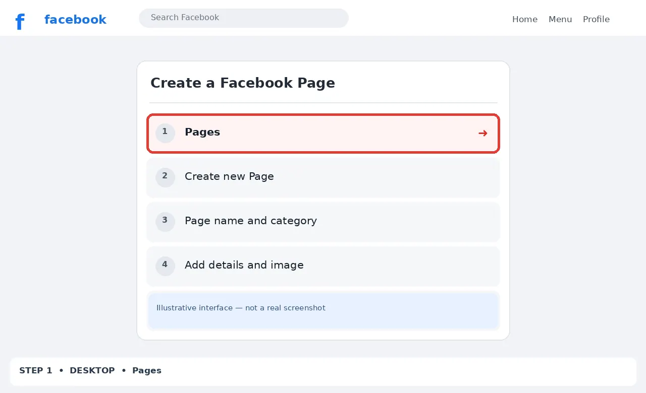 Illustrative Facebook interface for desktop, step 1; actual interface may differ