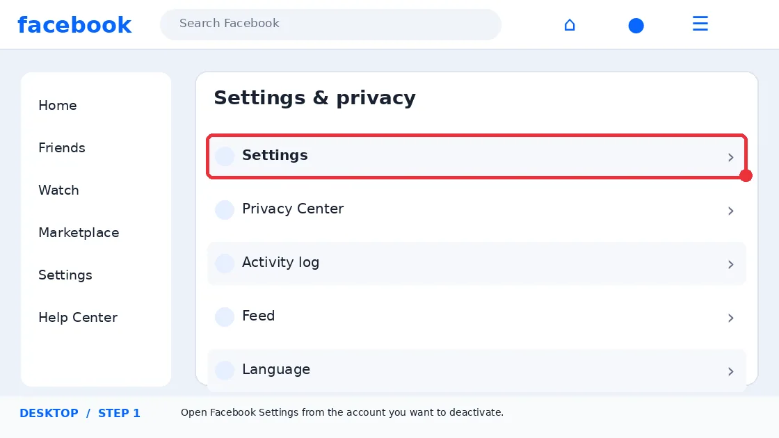 Illustrative Facebook interface for desktop, step 1; actual interface may differ