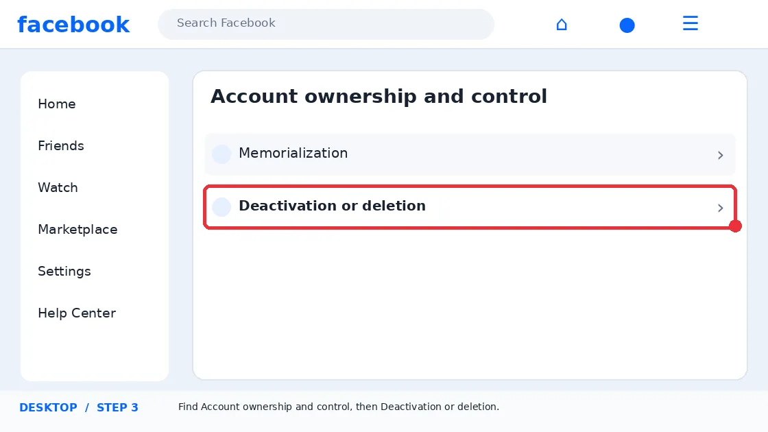 Illustrative Facebook interface for desktop, step 3; actual interface may differ