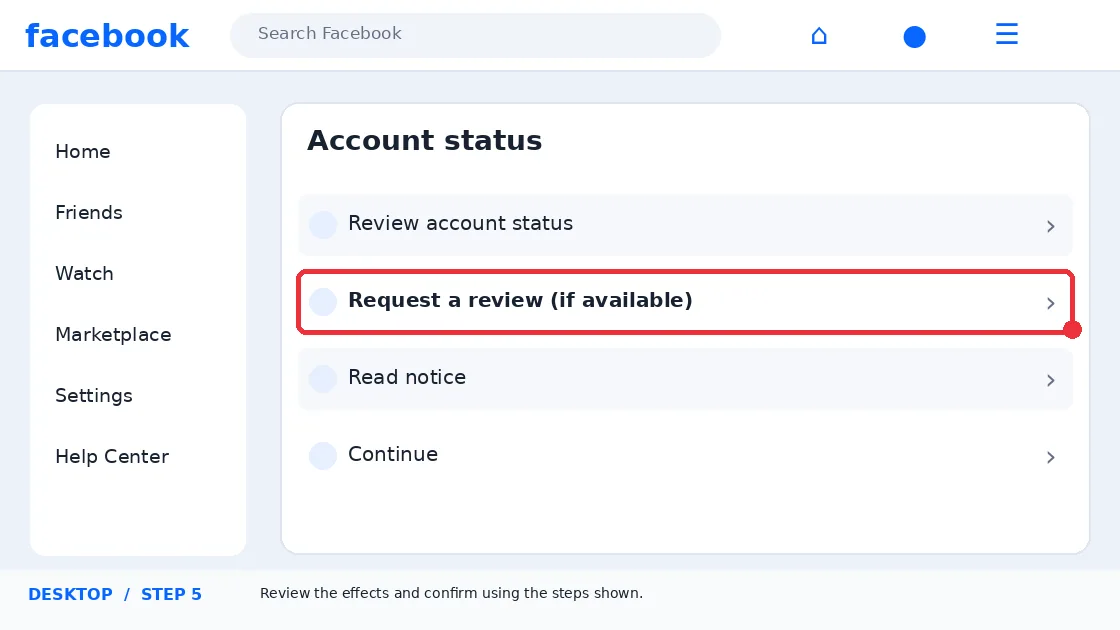 Illustrative Facebook interface for desktop, step 5; actual interface may differ