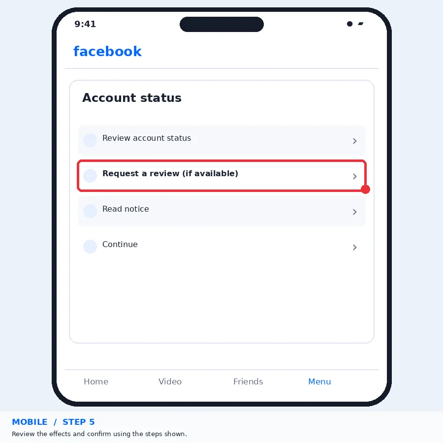 Illustrative Facebook interface for mobile, step 5; actual interface may differ