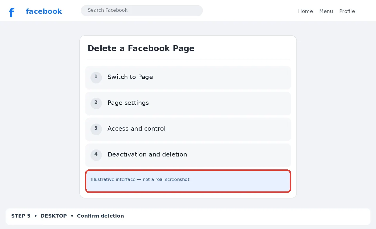 Illustrative Facebook interface for desktop, step 5; actual interface may differ