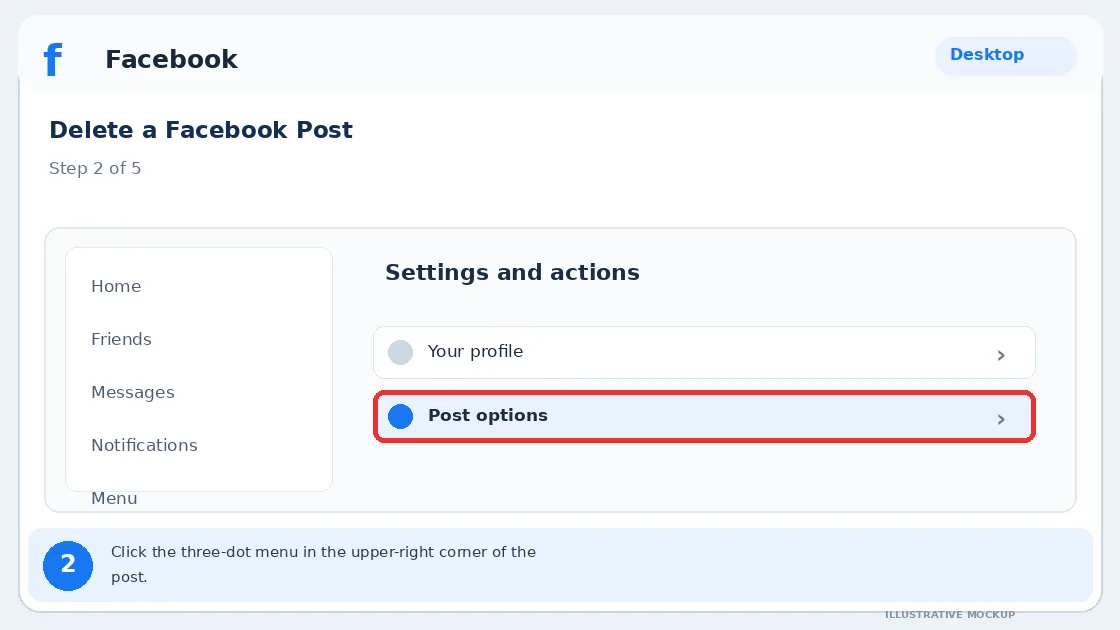 Illustrative Facebook interface for desktop, step 2; actual interface may differ