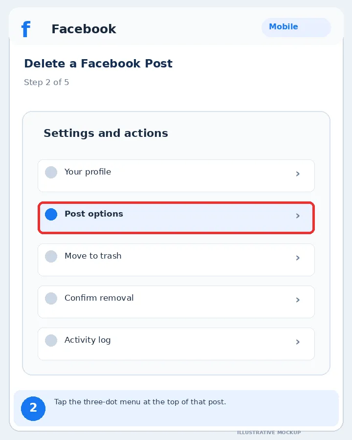 Illustrative Facebook interface for mobile, step 2; actual interface may differ