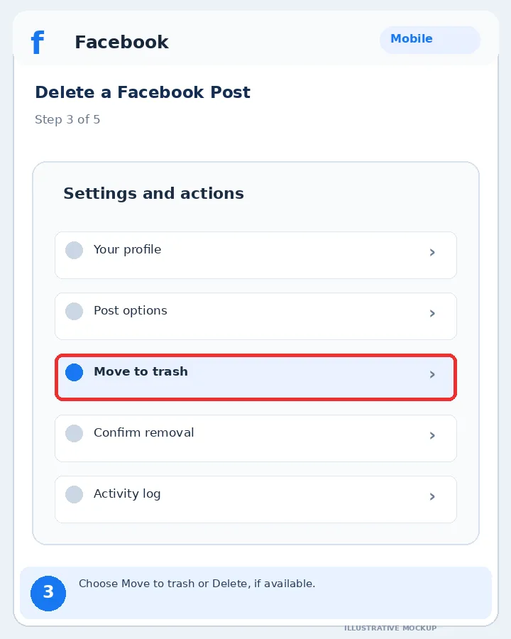 Illustrative Facebook interface for mobile, step 3; actual interface may differ