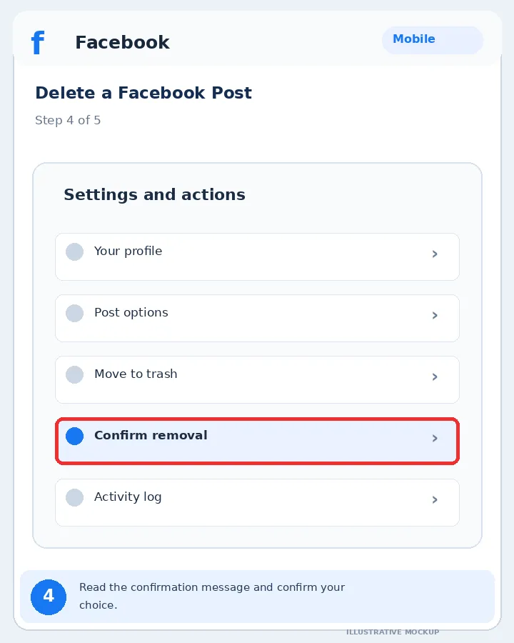 Illustrative Facebook interface for mobile, step 4; actual interface may differ