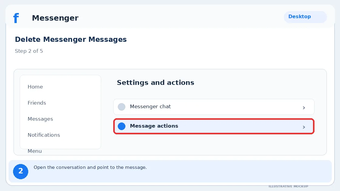 Illustrative Facebook interface for desktop, step 2; actual interface may differ
