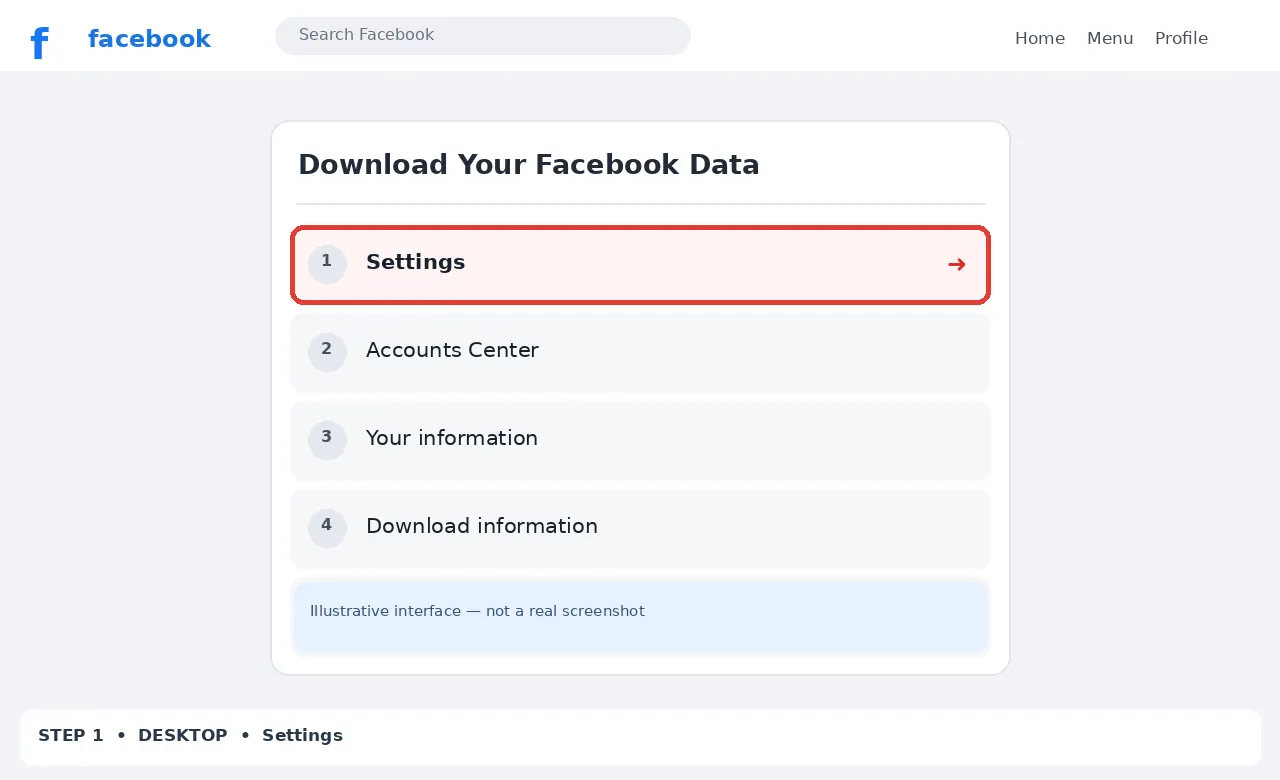 Illustrative Facebook interface for desktop, step 1; actual interface may differ