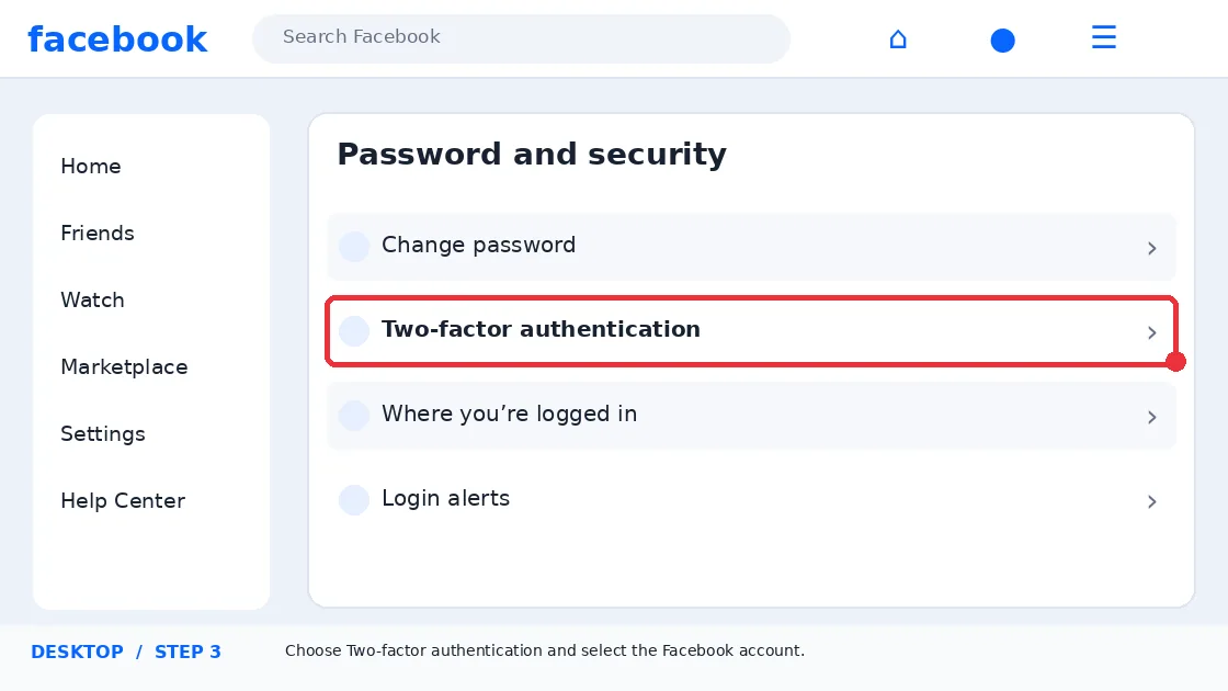 Illustrative Facebook interface for desktop, step 3; actual interface may differ
