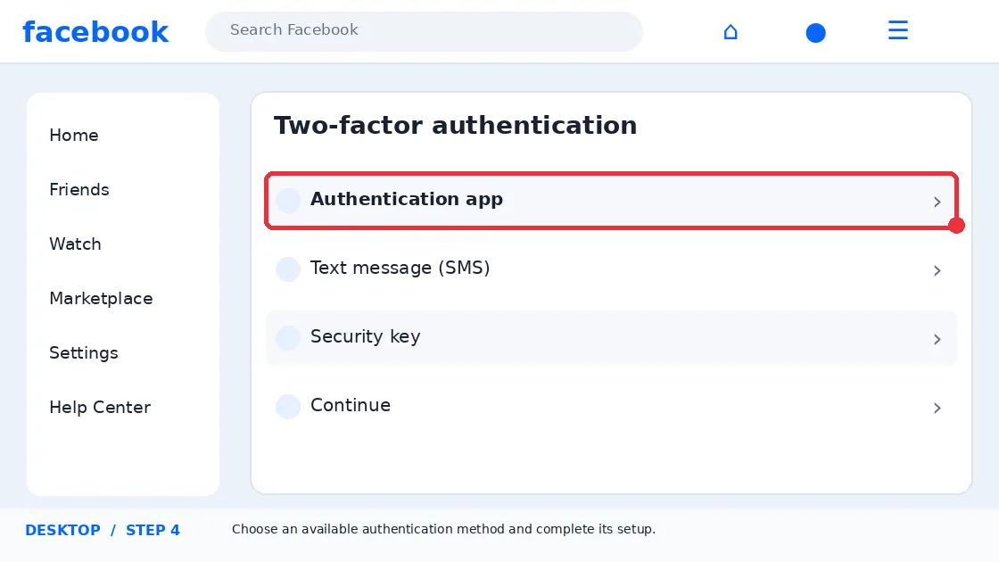 Illustrative Facebook interface for desktop, step 4; actual interface may differ