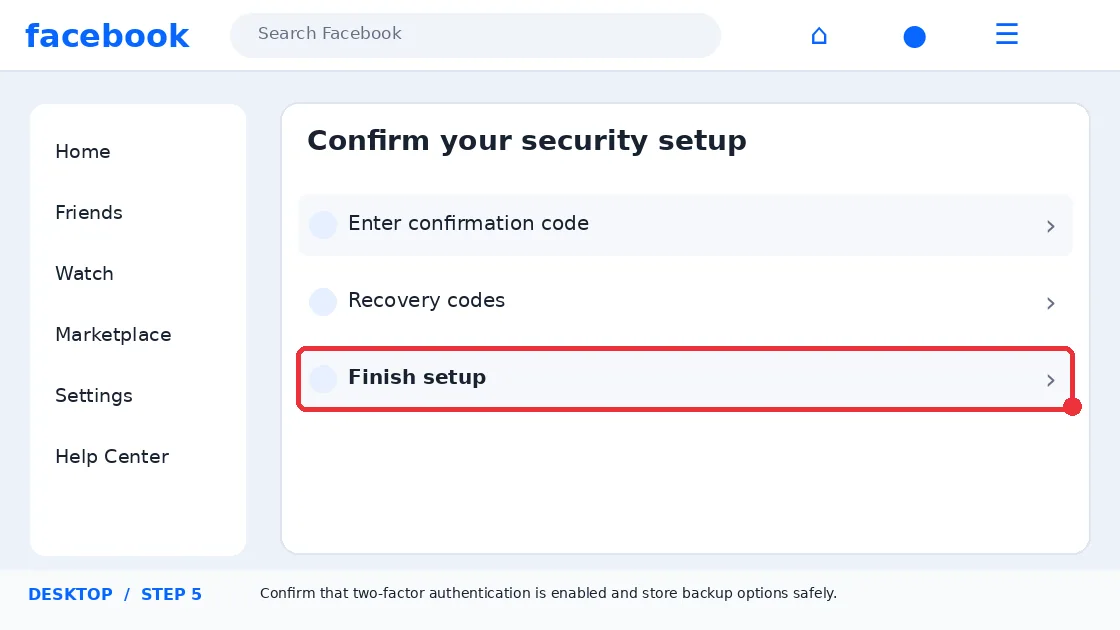 Illustrative Facebook interface for desktop, step 5; actual interface may differ