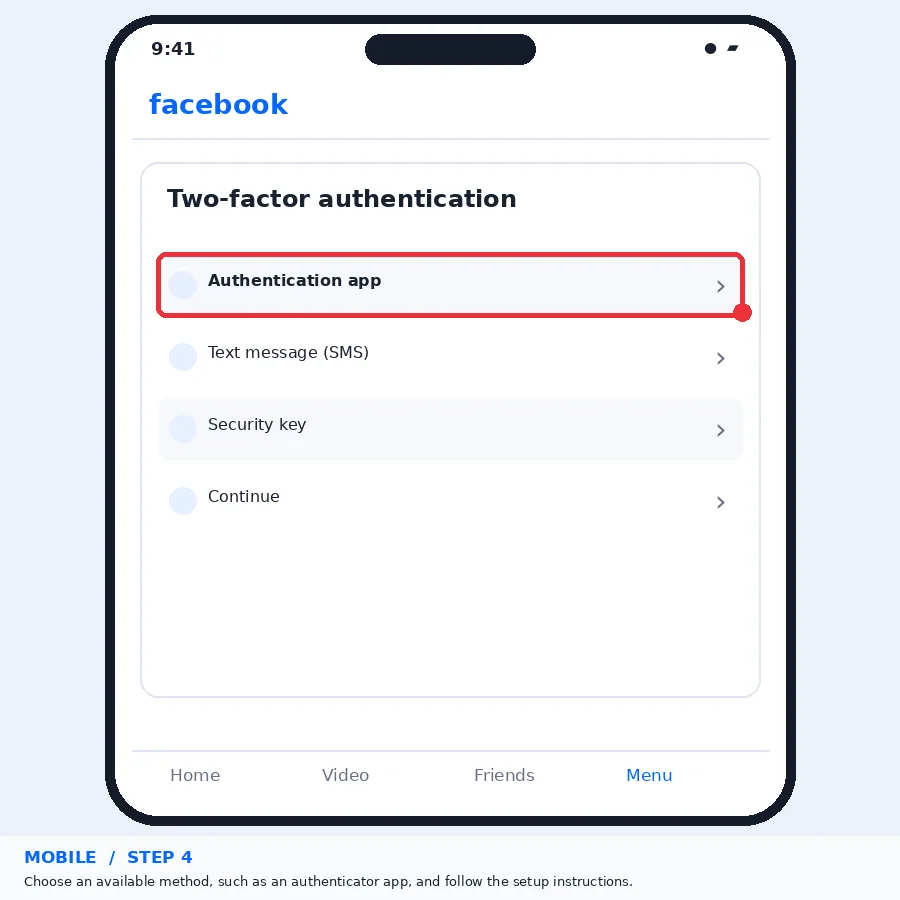 Illustrative Facebook interface for mobile, step 4; actual interface may differ