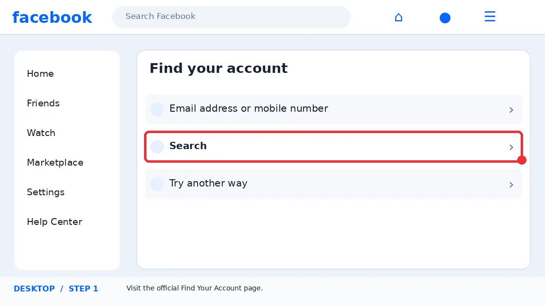 Illustrative Facebook interface for desktop, step 1; actual interface may differ