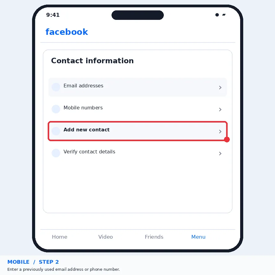 Illustrative Facebook interface for mobile, step 2; actual interface may differ
