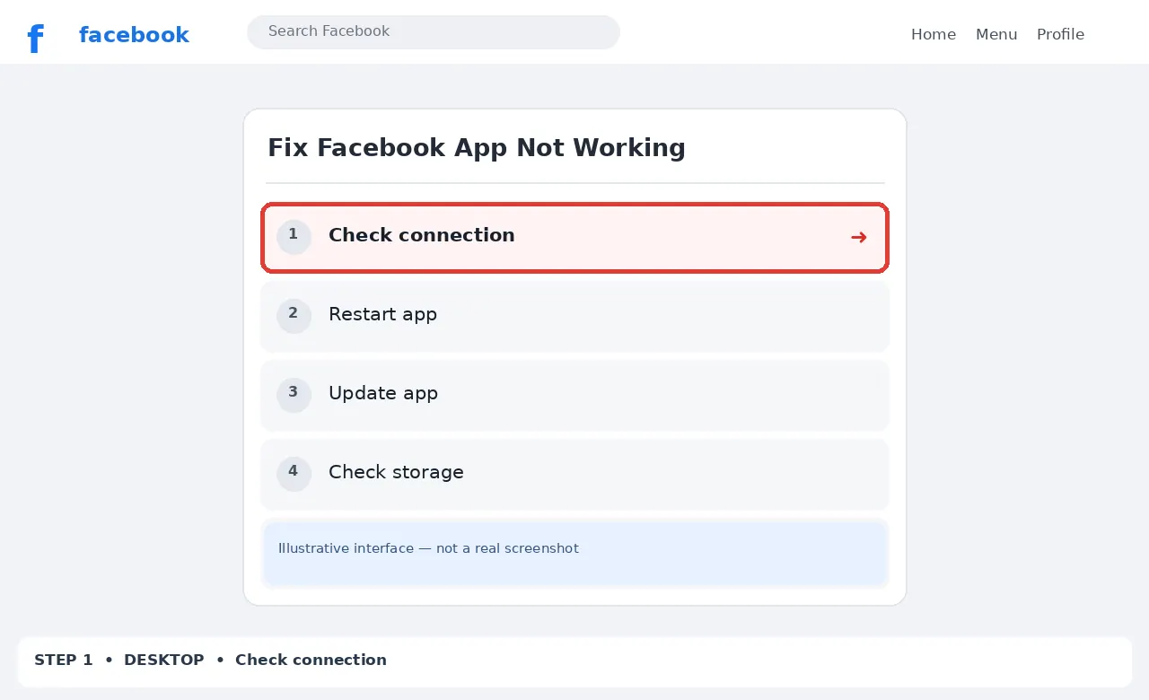 Illustrative Facebook interface for desktop, step 1; actual interface may differ