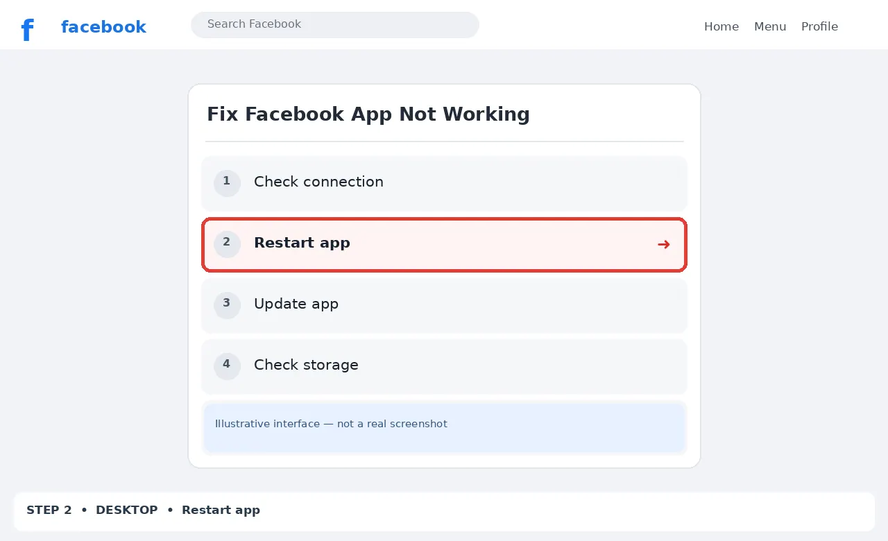 Illustrative Facebook interface for desktop, step 2; actual interface may differ