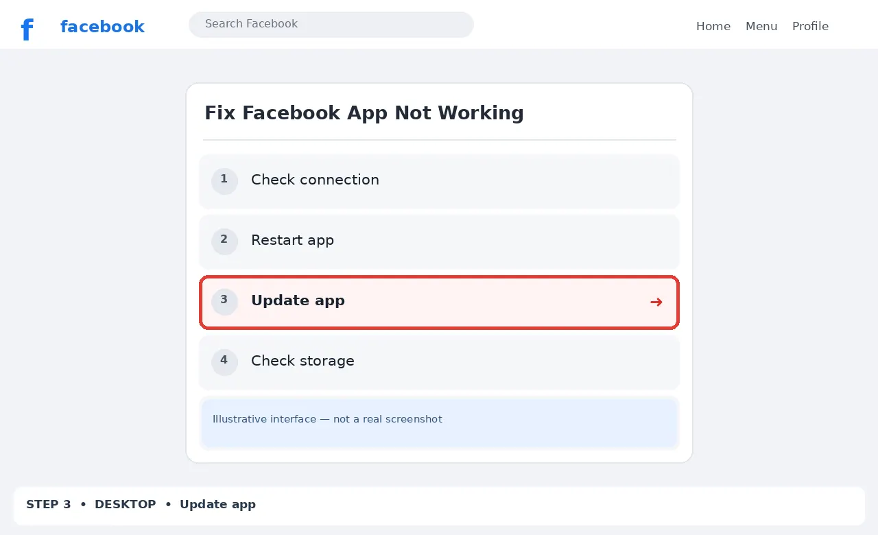 Illustrative Facebook interface for desktop, step 3; actual interface may differ