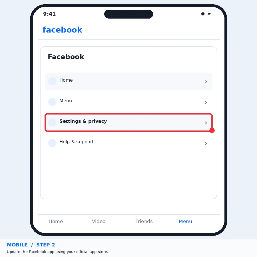Illustrative Facebook interface for mobile, step 2; actual interface may differ