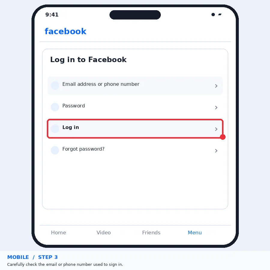 Illustrative Facebook interface for mobile, step 3; actual interface may differ
