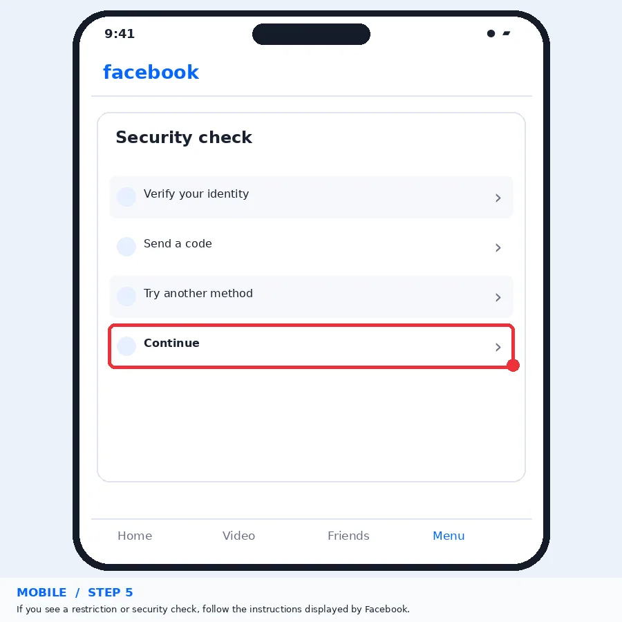Illustrative Facebook interface for mobile, step 5; actual interface may differ