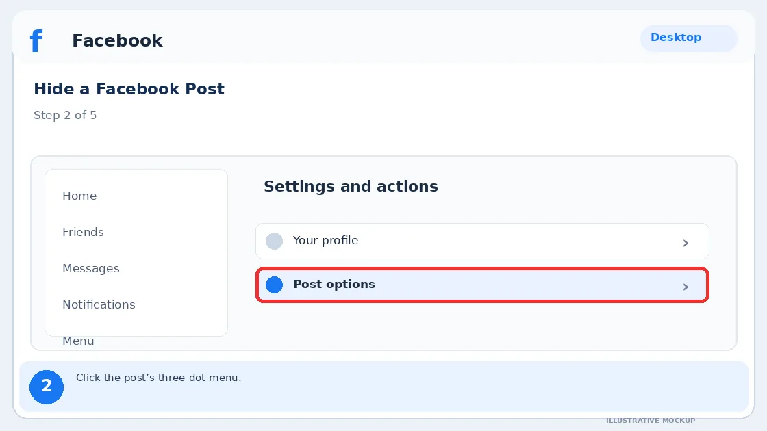 Illustrative Facebook interface for desktop, step 2; actual interface may differ