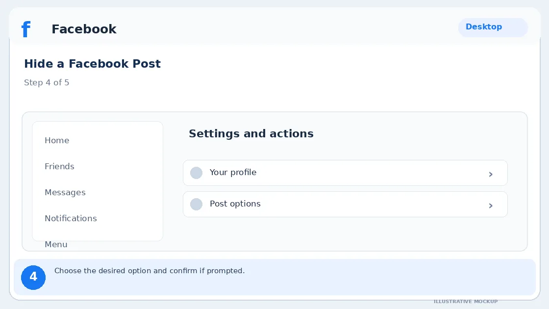 Illustrative Facebook interface for desktop, step 4; actual interface may differ