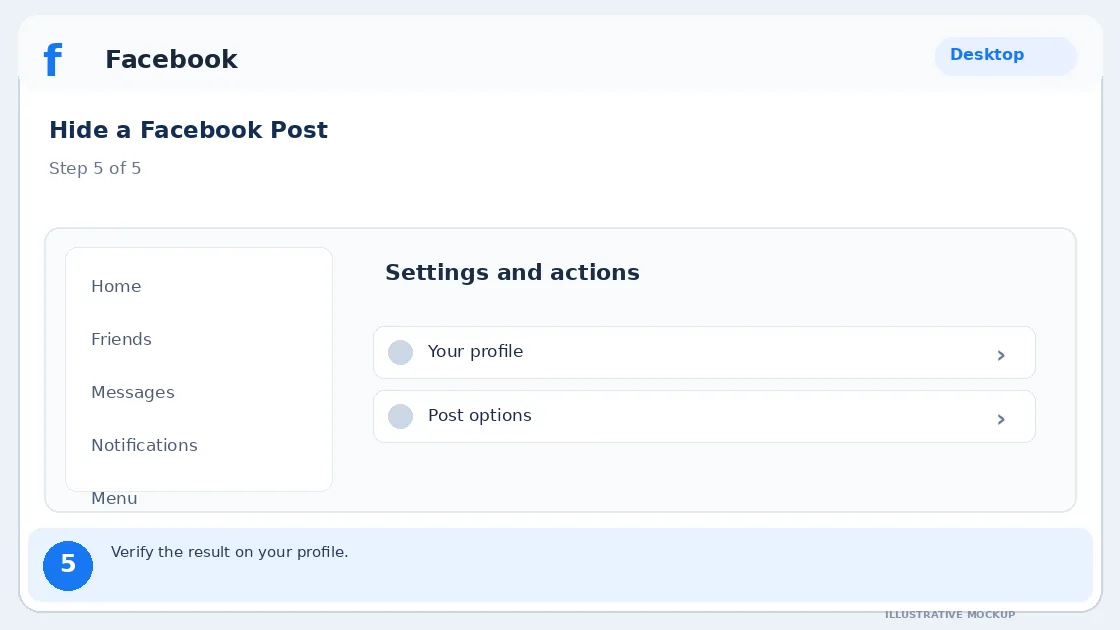 Illustrative Facebook interface for desktop, step 5; actual interface may differ