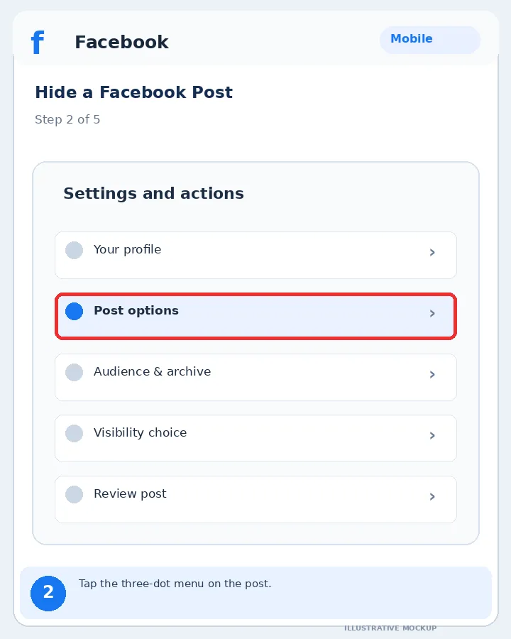 Illustrative Facebook interface for mobile, step 2; actual interface may differ