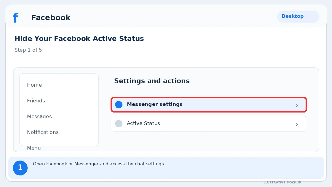 Illustrative Facebook interface for desktop, step 1; actual interface may differ