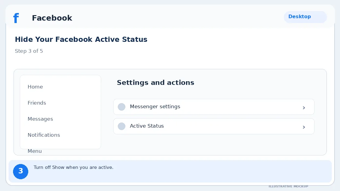 Illustrative Facebook interface for desktop, step 3; actual interface may differ