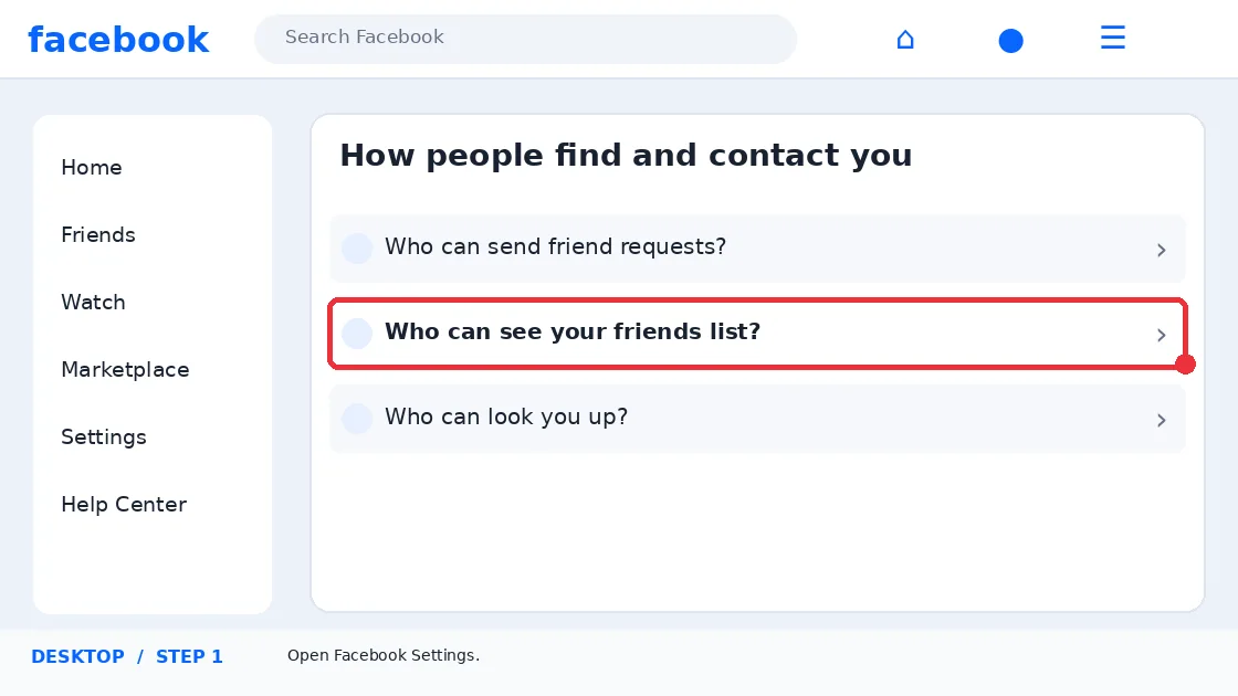 Illustrative Facebook interface for desktop, step 1; actual interface may differ