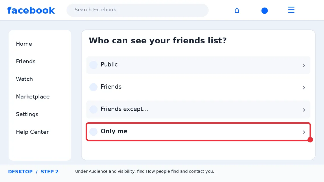 Illustrative Facebook interface for desktop, step 2; actual interface may differ