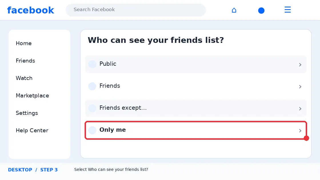 Illustrative Facebook interface for desktop, step 3; actual interface may differ